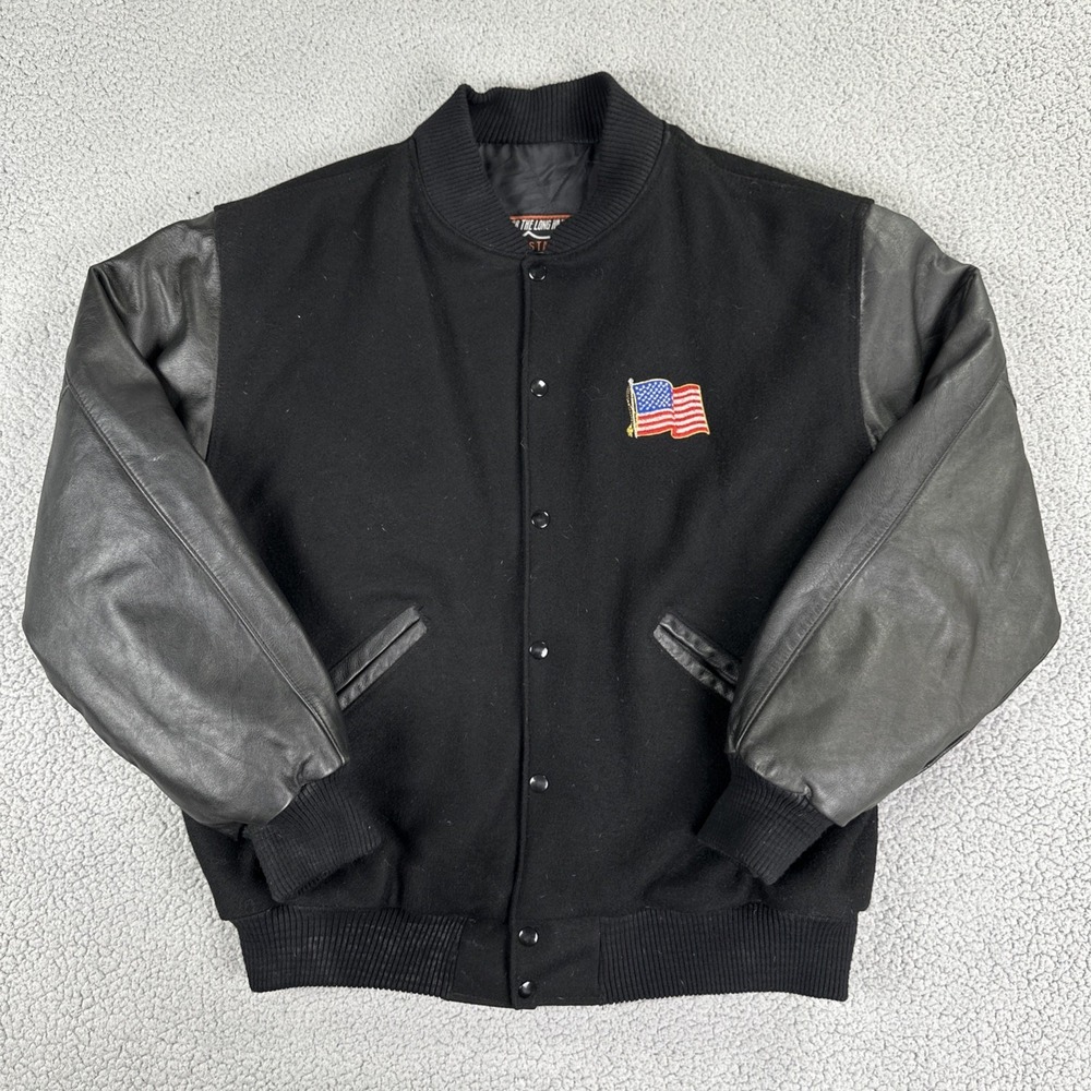 VTG Interstate Leather Motorcycle Jacket Men XL Black Wool Flag Patch USA Made